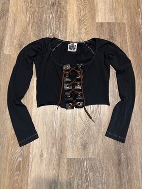 The Ragged Priest Black Cropped Long-Sleeve Top with Brown Lace-Up